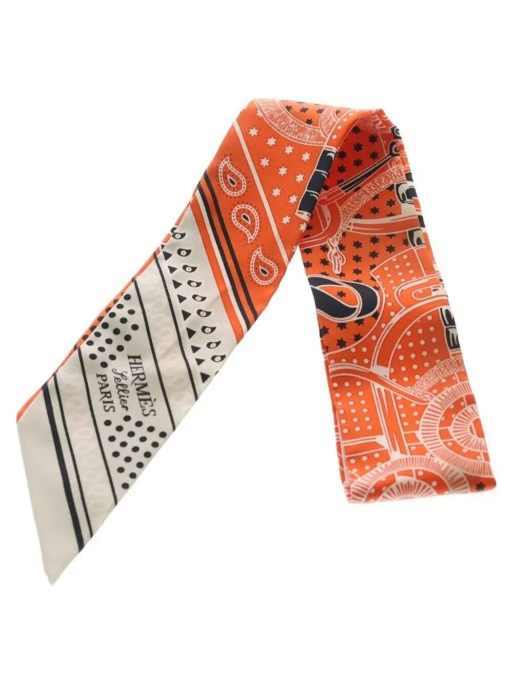 Hermes Eperon D'or Cut Apron Cut Bandana Pattern Silk Scarf Orange White